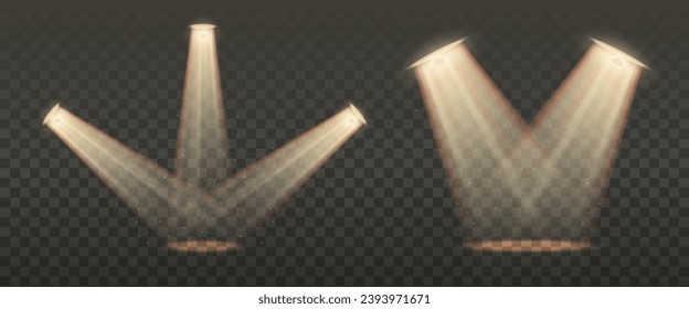 Set of mild spotlight in various rotated position. Lamp beam, illuminated stage, shiny decoration. Ray projection, show spot. Isolated on transparent background. Vector illustration