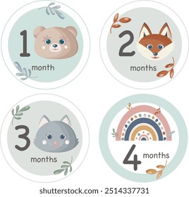 Conjunto de tarjetas de hito para la sesión de fotos del bebé recién nacido. Primer mes, 2, 3 y 4 meses.	