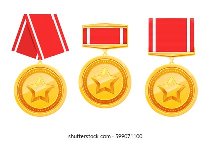 Set of military 3d gold award badges with star and red ribbon isolated on white. Medals collection. Vector illustration