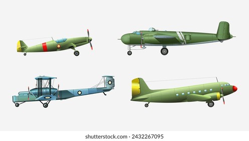 Set of military aircraft of different years on a white background. Vector realistic illustration