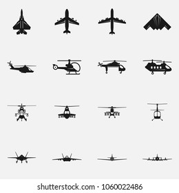 Set of military aircraft flat vector icons.