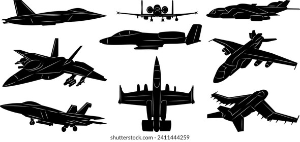 set of military aircraft silhouette, vector