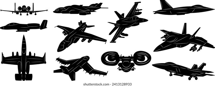 set of military aircraft silhouettes on white background vector