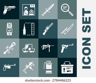 Set Military ammunition box, Mauser gun, Bayonet rifle, knife, Bullet, Pepper spray, Pistol or and Hunting icon. Vector
