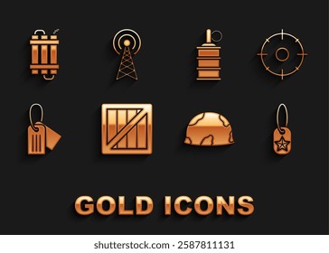 Set Military ammunition box, Target sport for shooting competition, dog tag, helmet, Hand grenade, Detonate dynamite bomb stick and Radar icon. Vector