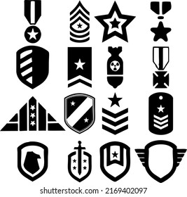 Set Of Military And Armed Forces Badges And Labels Logo.Vintage  Military Emblems Set With Skulls In Pilot Tankman Soldier Navy Seal Helmets Eagle Wings Boots Weapon Bones Isolated Vector Illu