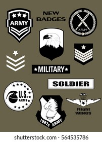 Set of Military and Army Badge and Patches typography black and white, t-shirt graphics, vectors