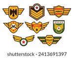 Set of military army badges, Army special forces, military specialists badges set, Logos of military groups. Special military service staff ranks insignia. Army emblems, vector illustration.