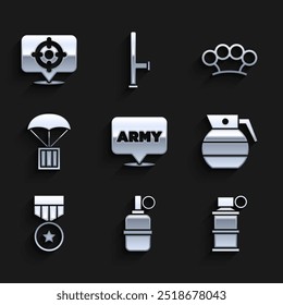 Set Exército militar, granada de mão, fumaça, medalha de recompensa, caixa de Airdrop, nó de bronze e ícone do esporte alvo. Vetor