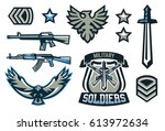 Set of military and military badges. Emblems, automatic weapons, lettering, sword, eagle, wings, templates. Vector illustration, printing on T-shirts