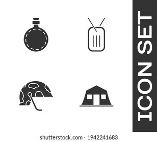 Set Military barracks, Canteen water bottle, helmet and dog tag icon. Vector