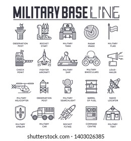 Set Of Military Base Thin Line Icons Isolated On White Background. Warlike Equipment, Transport Outline Pictograms Collection. Armed Power, Forces Vector Elements For Infographic, Web.