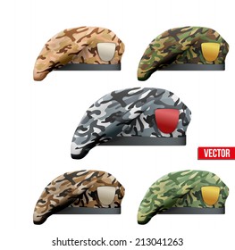 Set of Military Beret with camouflage texture of Army Special Forces. Vector Illustration Isolated on white background.