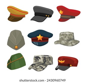 Set of Military beret set collection cartoon isolated on white background, army beret set, Army Special Forces with empty emblems,  soldier hat, with Captain Officer Peak, Boonie, Garrison and Patrol