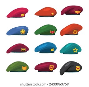 Set of Military beret set collection cartoon isolated on white background, army beret set, Army Special Forces with empty emblems,  soldier hat, vector illustration