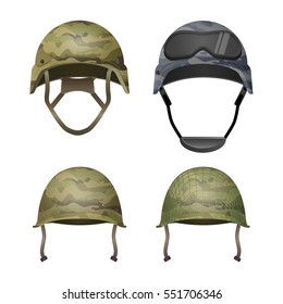 Set of military camouflage helmets in khaki camo colors. Classical, with goggles, combat and with projection lines. Different types of army headgear. Protective head cover element. Paintball. Vector