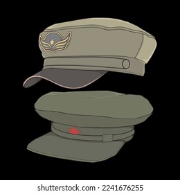 Satz von Militärmütze, Vektorgrafik einzeln auf schwarzem Hintergrund. Militärmütze, Vektorgrafik zum Färben von Büchern.
