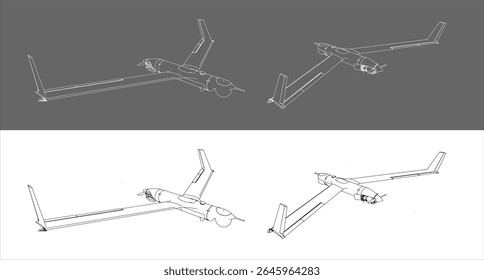 Definir militar drone de combate UAV visão isométrica linha técnica desenho plano de fundo isolado