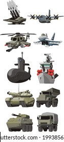 Set Of The Military Combat Vehicle Plane And Boats