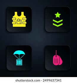 Set Military dog tag, Bulletproof vest, Airdrop box and rank. Black square button. Vector