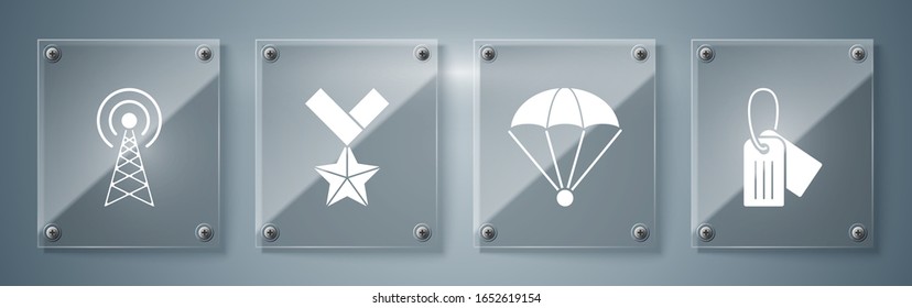 Set Military dog tag , Parachute , Military reward medal  and Radar . Square glass panels. Vector