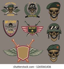 Set of military emblems. Paratrooper skull with crossed knives.Design element for logo, label, emblem, sign. Vector illustration