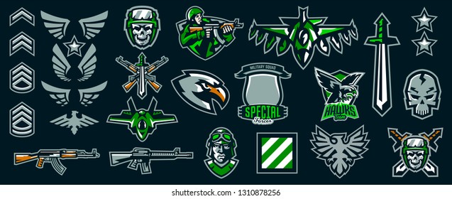 Set Of Military Emblems. Stripes And Badges. Military Ranks, Wings, Weapons, Soldiers, Aircraft, Skulls, Machine Guns, Eagle, Hawk. Colorful Collection, Vector Illustration