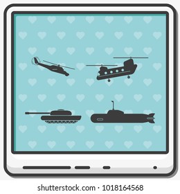 Set of military equipment flat vector icon.