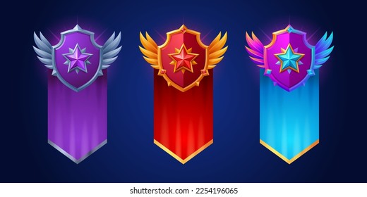 Set of military game rank badges isolated on background. Vector cartoon illustration of shiny metal buttons decorated with star insignia, precious gemstones, wings, flag. Army ranking symbols for gui