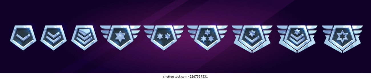 Set of military game rank badges isolated on background. Vector cartoon illustration of silver metal pentagonal insignia medals with stars, chevrons, wings. Gui progress symbol. Award for achievement