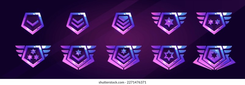 Set of military game rank badges isolated on background. Vector cartoon illustration of shiny metal pentagonal insignia medals with stars, chevrons, wings. Gui progress symbol. Award for achievement