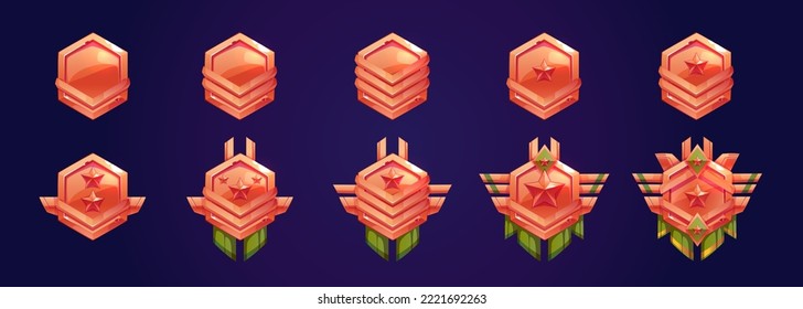 Set of military game rank icons isolated on dark blue background. Hexagonal red and green metal medals decorated with shiny stars and wings. Level trophy badge. Vector illustration, ui design elements