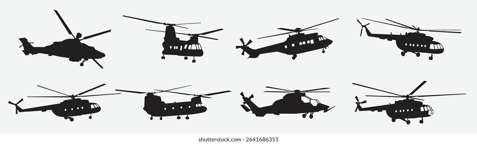 Set of military helicopter vector silhouette