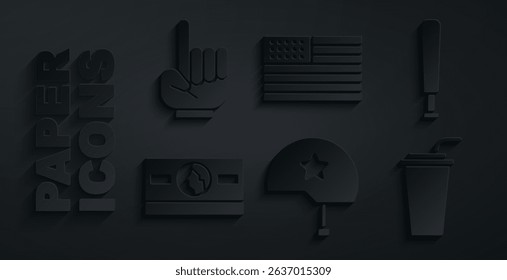 Set Military helmet, Baseball bat, Stacks paper money cash, Paper glass with straw, American flag and Number 1 fan hand glove icon. Vector