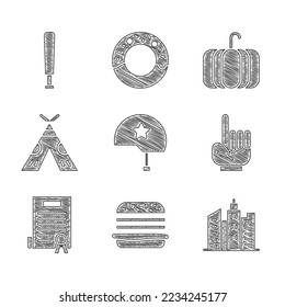 Set Military helmet, Burger, City landscape, Number 1 one fan hand glove, Declaration of independence, Indian teepee or wigwam, Pumpkin and Baseball bat icon. Vector