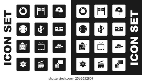 Set Military helmet, Cactus, Baseball ball, Donut, Stacks paper money cash, Saloon door, Western cowboy hat and Slot machine icon. Vector