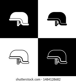 Set Military helmet icon isolated on black and white background. Army hat symbol of defense and protect. Protective hat.  Vector Illustration