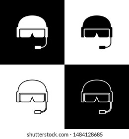 Set Military helmet icon isolated on black and white background. Army hat symbol of defense and protect. Protective hat.  Vector Illustration