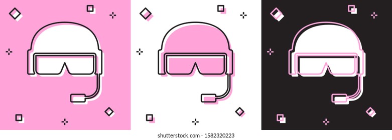 Set Military helmet icon isolated on pink and white, black background. Army hat symbol of defense and protect. Protective hat.  Vector Illustration