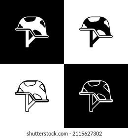 Set Military helmet icon isolated on black and white background. Army hat symbol of defense and protect. Protective hat.  Vector