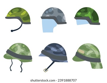 Set of Military helmet of modern soldier. Green protective cap. Collection of Ammunition and uniforms, Flat cartoon isolated on white