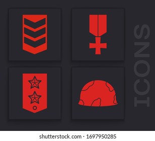 Set Military helmet , Military rank , Military reward medal  and Chevron  icon. Vector