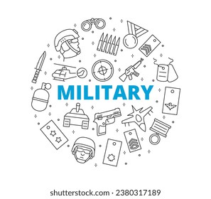 Conjunto de íconos militares. Composición circular. Contiene símbolos tales como arma, soldado, arma, tanque, г р а н а а, general y más.