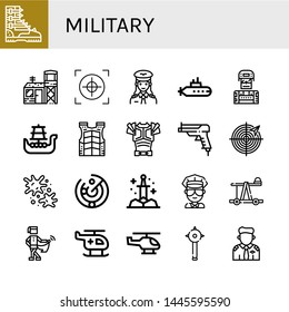 Set Of Military Icons Such As Boot, Military Base, Crosshair, Pilot, Submarine, Soldier, Battleship, Bulletproof Vest, Armor, Gun, Radar, Paintball, Sword, Cop, Catapult , Military