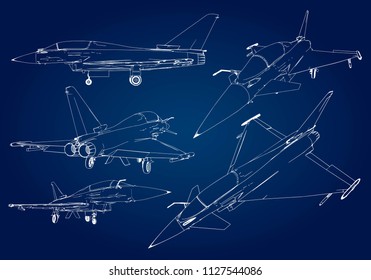 Set of military jet fighter silhouettes. Image of aircraft in contour drawing lines.