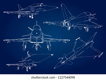 Set of military jet fighter silhouettes. Image of aircraft in contour drawing lines.