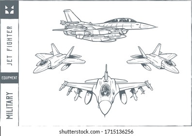 Set of military jet fighter Vector illustration - Hand drawn - Out line