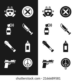 Set Military Knife, Air Horn, Gas Mask, X Mark, Cross In Circle, Baseball Bat With Nails, Paint Spray Can, Peace And Pistol Gun Icon. Vector