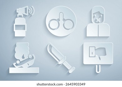 Conjunto Cuchillo militar, Censor y libertad de expresión, coche en llamas, protesta, esposas e icono de bocina de aire. Vector