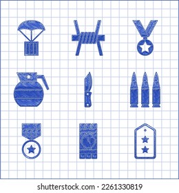 Set Military knife, Dynamite and timer clock, rank, Bullet, reward medal, Hand grenade,  and Airdrop box icon. Vector